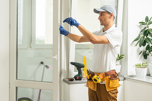 Ein Handwerker repariert, justiert oder montiert Metall-Kunststoff-Fenster in der Wohnung.